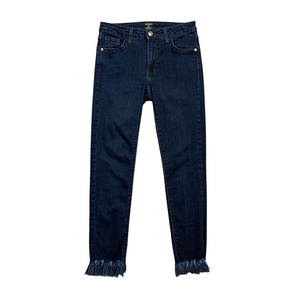 Just Black Jeans Womens 24 Dark Denim Skinny Ankle Full Fringe Hem Mid Rise